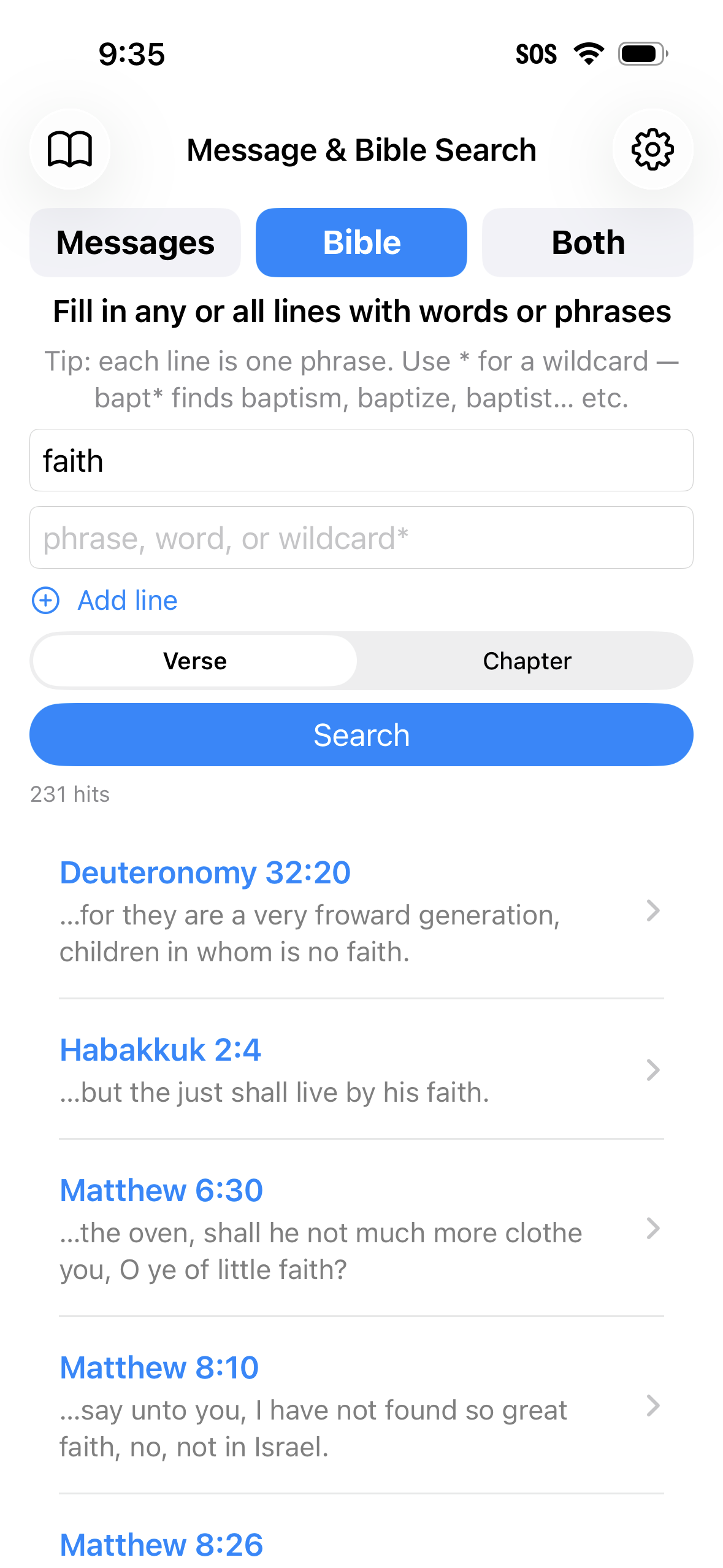 Detailed search results with context and hit counts